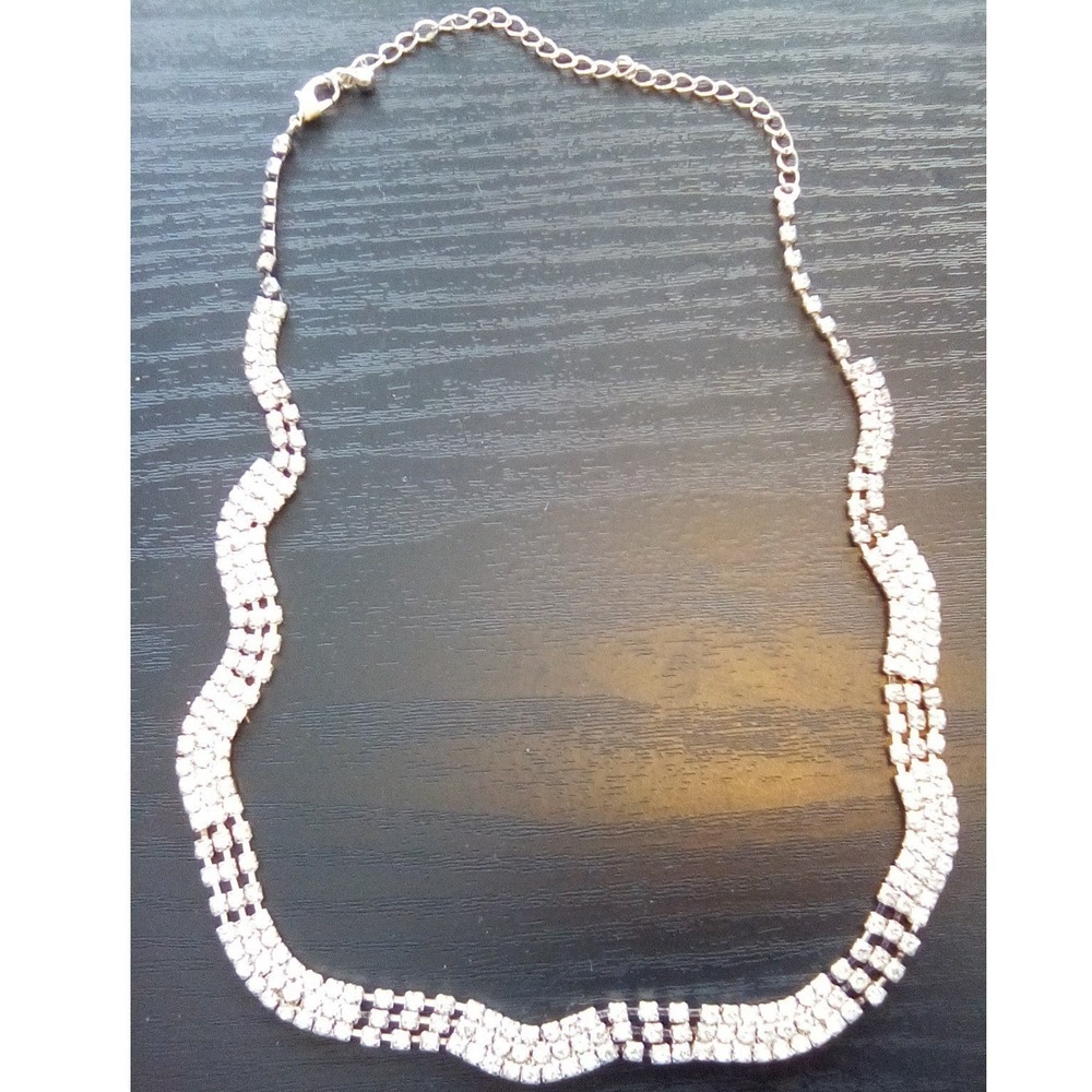 Silver Tone Wavy Rhinestone Choker Necklace Tiered Clear Crystal Statement Piece